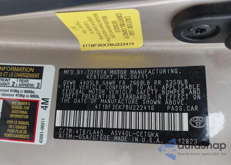 2011 Toyota Camry Xle from USA, damaged, VIN 4T1BF3EK7BU222416